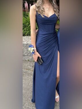 Navy Blue Prom Dress with Side Slit